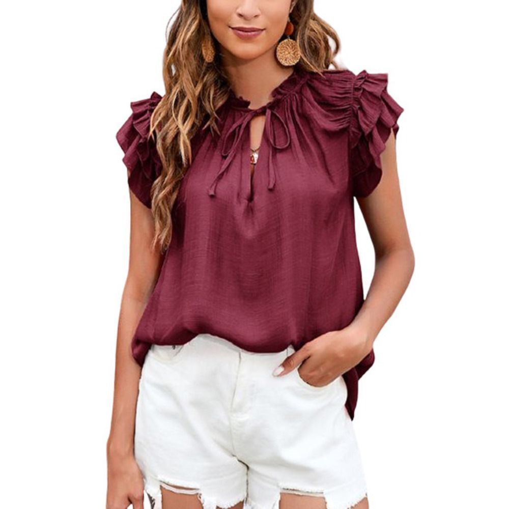 Z Avenue Burgundy Tie-Accent V-Neck Top Size S